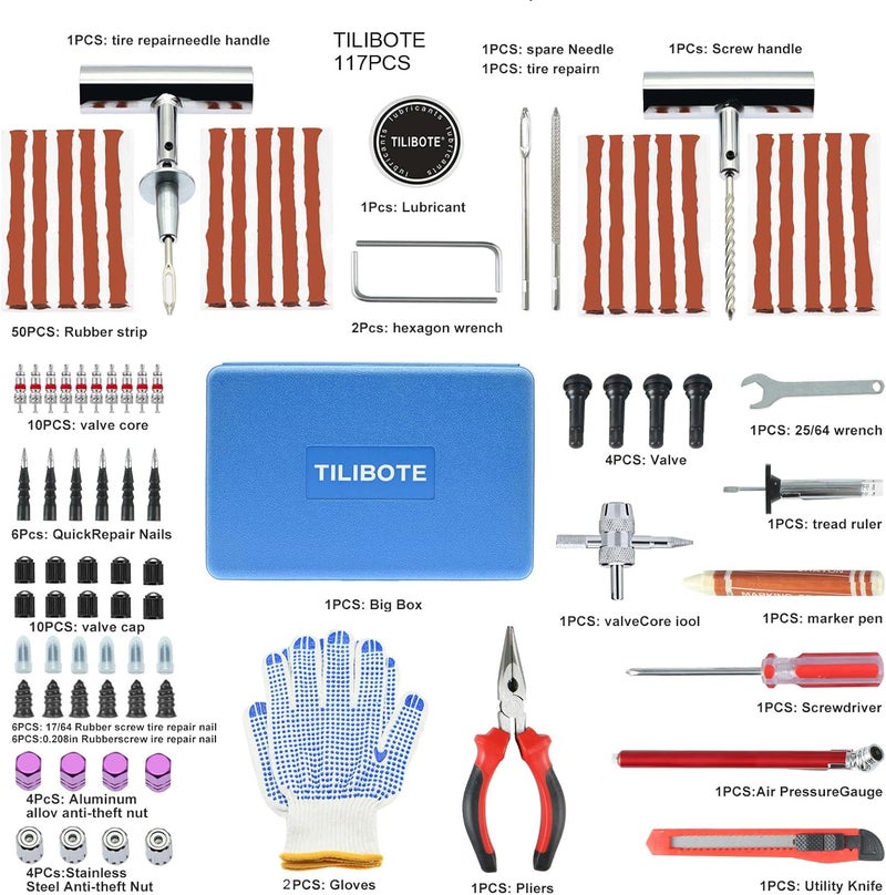 TILIBOTE Tire Repair Kit,117pcs Heavy Duty Tire Plug Kit,with Universal Tire Patch Kit to Plug Flats for Car/Motorcycle/Truck/Tractor/Trailer/RV/ATV - Image 2